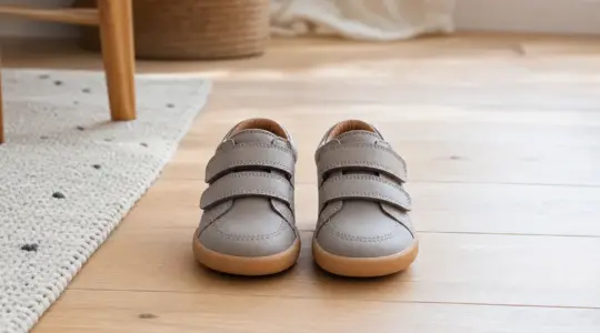 Ein Paar hochwertige Kinderschuhe aus gutem Material in dezenten Farben stehen nebeneinander auf einem Holzboden