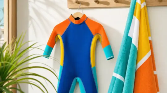 Ein bunter Kinder-Neoprenanzug an einem Haken neben einem Strandtuch