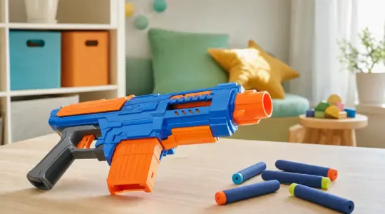 Ein bunter Spielzeug-Blaster mit weichen Schaumstoffpfeilen liegt auf einem hellen Tisch im Kinderzimmer