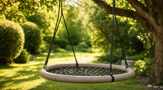 Runde Kinder-Nestschaukel mit stabilem Rahmen und geflochtener Sitzfläche, hängend an einem Baum in einem sonnigen Garten