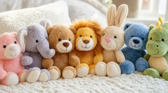 Mehrere bunte weiche Kuscheltiere mit freundlichen Gesichtern liegen ordentlich auf einer hellen Decke