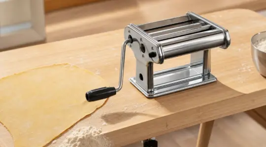 Eine silberne Nudelmaschine mit Handkurbel ist an einer Arbeitsfläche befestigt