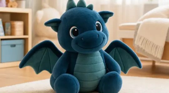 Ein kuscheliges dunkles Drachen-Plüschtier mit großen Augen und Flügeln sitzt auf einer hellen Fläche