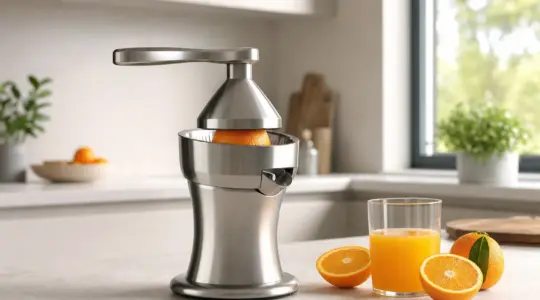 Eine silberne Zitruspresse steht mit halbierten Orangen und einem Glas Saft