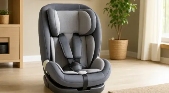 Ein moderner Autokindersitz mit Gurtsystem steht aufrecht auf einem hellen Boden bereit zum Einbau
