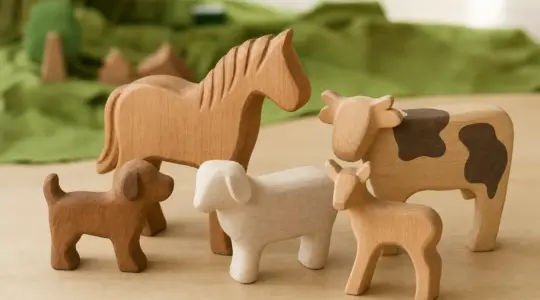 Mehrere handgefertigte Holztiere wie Pferd, Kuh, Schaf und Hund in warmen Naturtönen stehen auf einem hellen Holztisch
