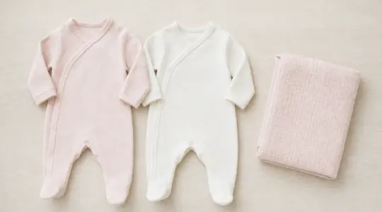 Zwei pastellfarbene Baby-Overalls aus Baumwolle liegen ausgebreitet nebeneinander