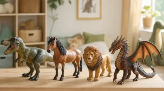 Mehrere detailreiche Tier- und Dinosaurierfiguren stehen aufgereiht auf einem hellen Holztisch bereit zum Spielen