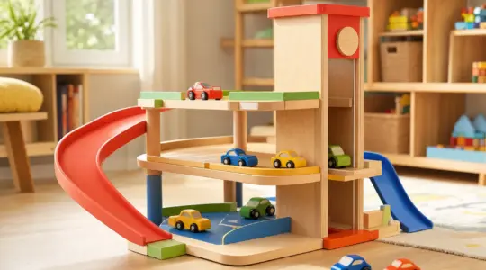 Ein buntes Spielzeug-Parkhaus aus Holz mit mehreren Ebenen, Rampen und kleinen Autos