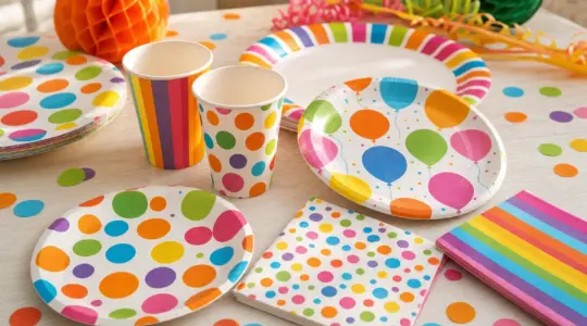 Buntes Kinder-Partygeschirr aus Pappe mit fröhlichen Mustern auf einem Tisch