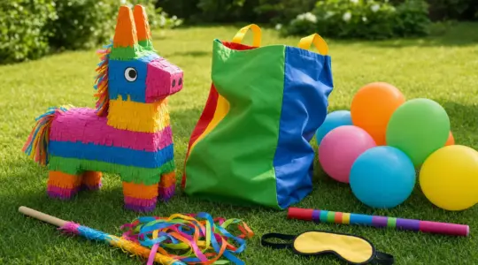Bunte Materialien für Kinder-Partyspiele wie Pinata, Sackhüpfen-Sack und Luftballons im Garten