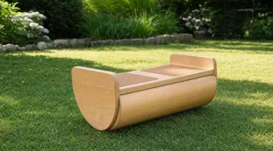 Ein hölzernes Balance-Pedalo für Kinder mit zwei Trittflächen auf einer Rasenfläche
