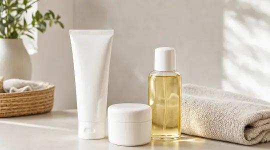 Verschiedene Babypflege-Produkte wie Creme und Pflegeöl stehen ordentlich auf einem hellen Tisch bereit