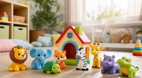 Mehrere bunte, freundliche Tierfiguren und ein kleines Spielhaus stehen auf einer hellen Fläche bereit