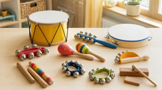 Bunte Percussion-Instrumente für Kinder wie Trommel, Tamburin und Rasseln auf einem Tisch