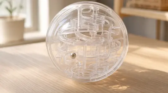 Eine durchsichtige Kugel mit einem Labyrinth im Inneren liegt auf einem Tisch