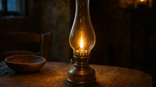 Eine klassische Petroleumlampe aus Metall und Glas steht auf einem Holztisch