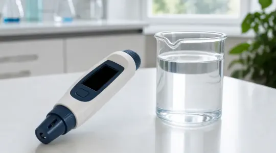 Ein digitales pH-Messgerät liegt neben einem Becher mit Flüssigkeit auf einer hellen Fläche bereit