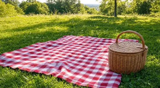 Eine große karierte Picknickdecke auf einer grünen Wiese mit einem Picknickkorb daneben
