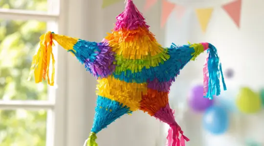 Eine bunte Pinata in Form eines fröhlichen Sterns mit vielen bunten Papierfransen, hängend vor einem hellen, freundlichen Hintergrund für einen Kindergeburtstag