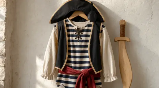 Ein kindgerechtes Piratenkostüm mit gestreiftem Oberteil, Augenklappe und Piratenhut