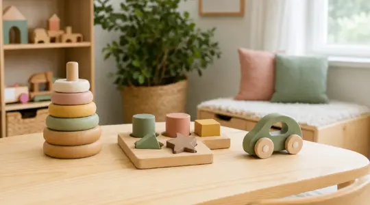 Nachhaltiges Holzspielzeug in dezenten Farben steht ordentlich auf einem hellen Tisch im Kinderzimmer