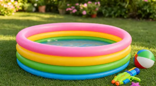 Rundes aufblasbares Kinder-Planschbecken mit Wasser auf einem Rasen in einem sonnigen Garten