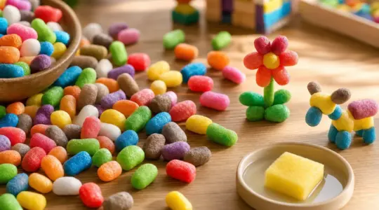 Bunte PlayMais Maisflocken in vielen Farben liegen auf einem hellen Tisch, daneben ein paar daraus geformte kleine Figuren