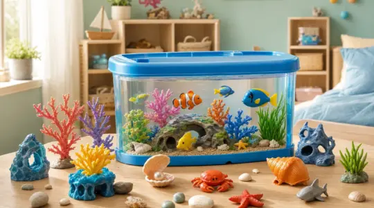 Ein buntes Aquarium-Spielset mit Meerestieren steht auf einem hellen Tisch bereit zum Spielen