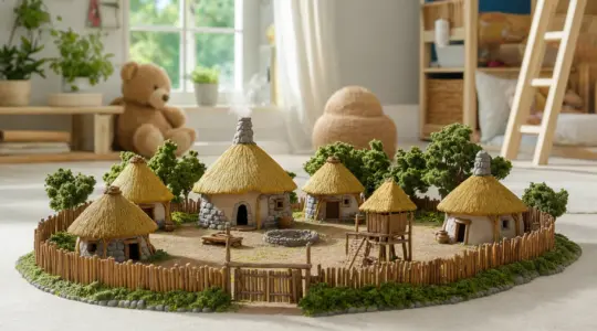 Ein gallisches Dorf mit kleinen Hütten und Zaun als Spielset steht auf einer hellen Fläche bereit