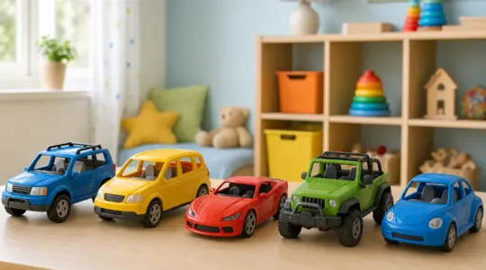 Mehrere bunte Spielzeug-Autos stehen aufgereiht auf einem hellen Tisch bereit zum Spielen