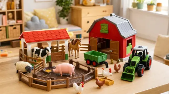 Ein buntes Bauernhof-Spielset mit Stall, Tieren und Traktor steht auf einem hellen Tisch bereit zum Spielen