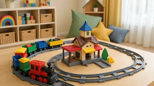 Eine bunte Spielzeug-Eisenbahn mit Schienen und Bahnhof steht auf einem hellen Tisch bereit zum Spielen