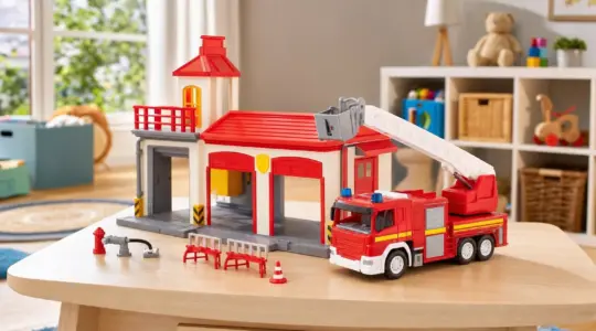 Ein buntes Feuerwehr-Spielset mit Feuerwehrauto und Leiter steht auf einem hellen Tisch bereit zum Spielen