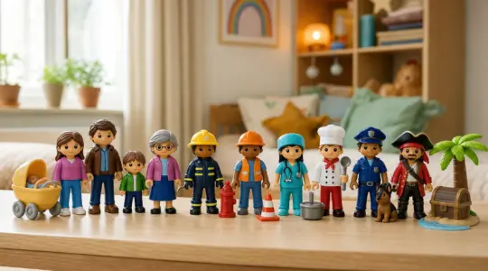 Mehrere bunte Spielfiguren mit Zubehör stehen aufgereiht auf einem hellen Tisch bereit zum Spielen