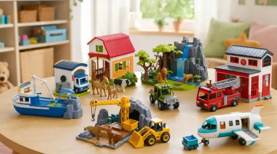 Mehrere aktuelle bunte Playmobil-Spielsets stehen auf einem hellen Tisch bereit zum Spielen