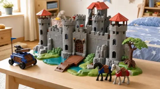 Ein buntes Ritter-Abenteuer-Spielset mit Burg und Fahrzeugen steht auf einem hellen Tisch bereit zum Spielen