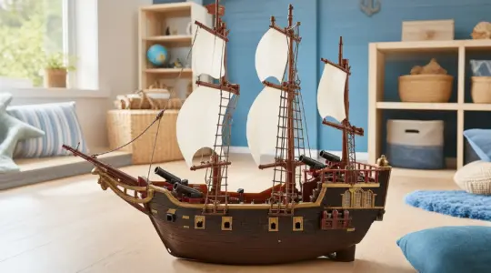 Ein detailreiches Spielzeug-Piratenschiff mit Segeln und Kanonen steht auf einem hellen Boden im Kinderzimmer