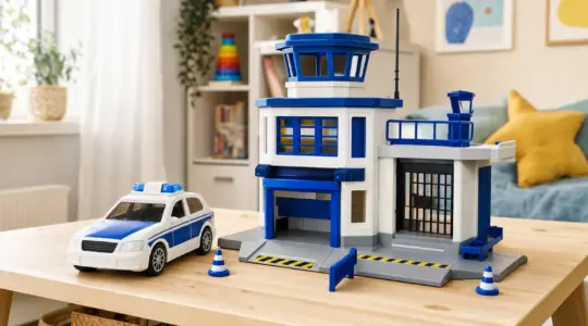 Ein buntes Polizei-Spielset mit Polizeiauto und Wache steht auf einem hellen Tisch bereit zum Spielen