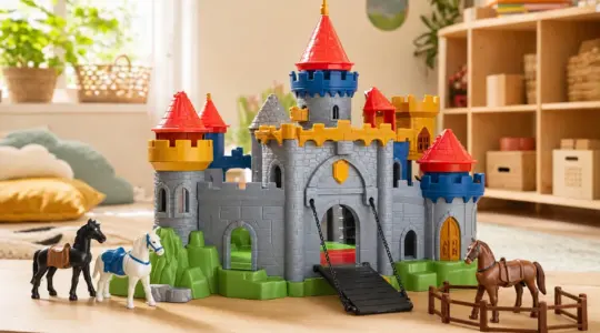 Eine bunte Ritterburg als Spielset mit Turm und Zugbrücke steht auf einem hellen Tisch bereit zum Spielen