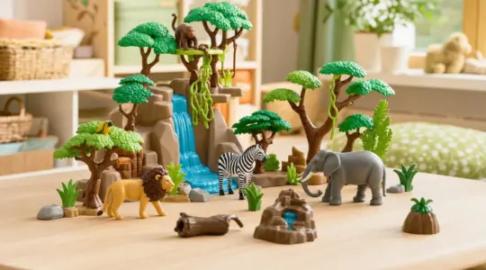 Ein buntes Wildtier-Spielset mit verschiedenen Tieren und Naturzubehör steht auf einem hellen Tisch bereit