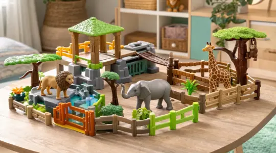 Ein buntes Zoo-Spielset mit Tiergehegen und Tieren steht auf einem hellen Tisch bereit zum Spielen