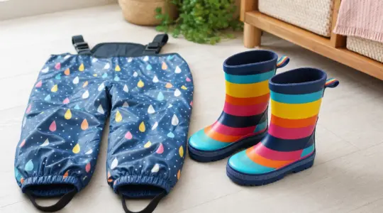 Eine Matschhose und Gummistiefel für Kinder liegen bereit vor einem hellen Hintergrund
