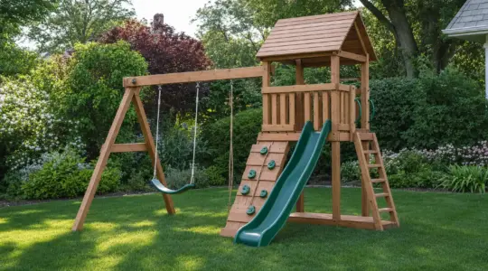 Ein hölzernes Klettergerüst mit Schaukel steht in einem grünen Garten bereit