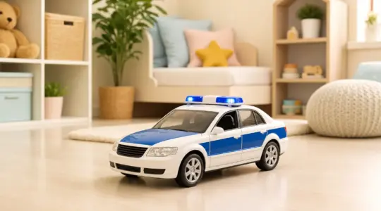 Ein Spielzeug-Polizeiauto steht auf einem hellen Boden bereit zum Spielen