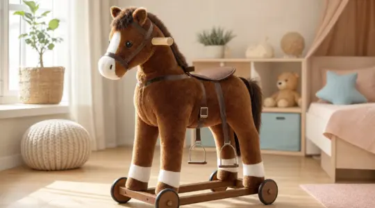 Ein braunes Plüsch-Reitpferd auf Rollen steht in einem Kinderzimmer