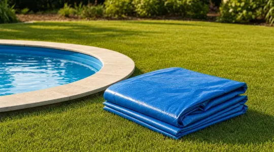 Eine blaue Poolabdeckung liegt am Rand eines Gartenpools
