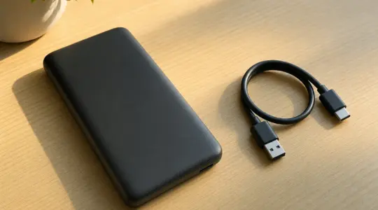 Eine schlanke schwarze Powerbank liegt mit Ladekabel auf einem Tisch