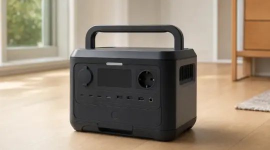 Eine tragbare Powerstation mit Anschlüssen steht auf einem Boden