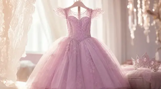 Ein glitzerndes Prinzessinnenkleid in zartem Pastellton mit Tüllrock hängt festlich an einem Kleiderbügel vor einem hellen Hintergrund